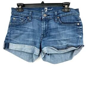 7 For All Mankind Size 28 Denim Blue Jean Shorts‎ Cutoff Rolled Hem Five Pocket